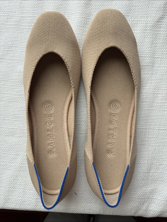 Rothy's Shoes - Rothy's Beige Knit Pointed Ballet Flats with Blue Trim